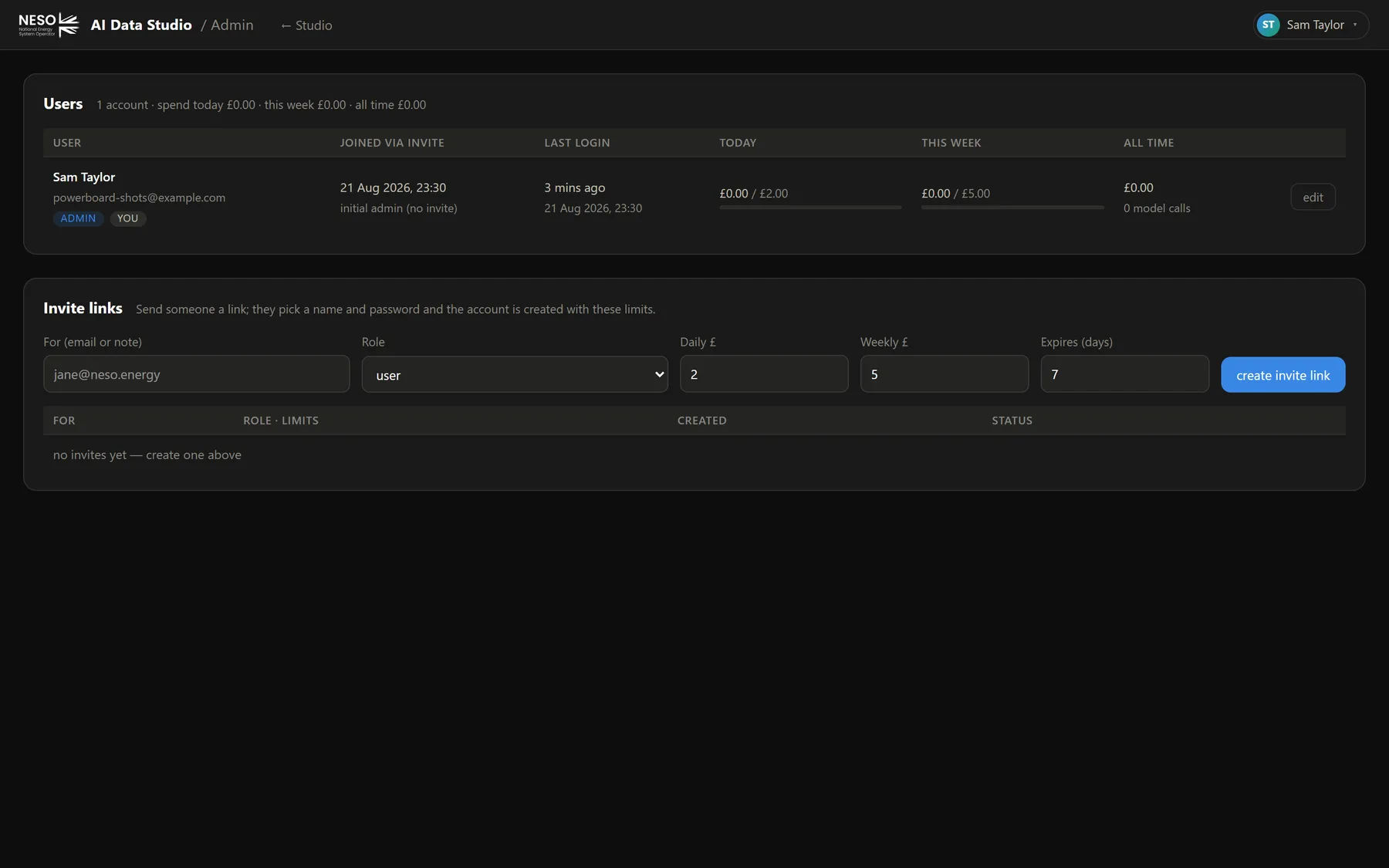 Admin page showing users with spend budgets and an invite-link form