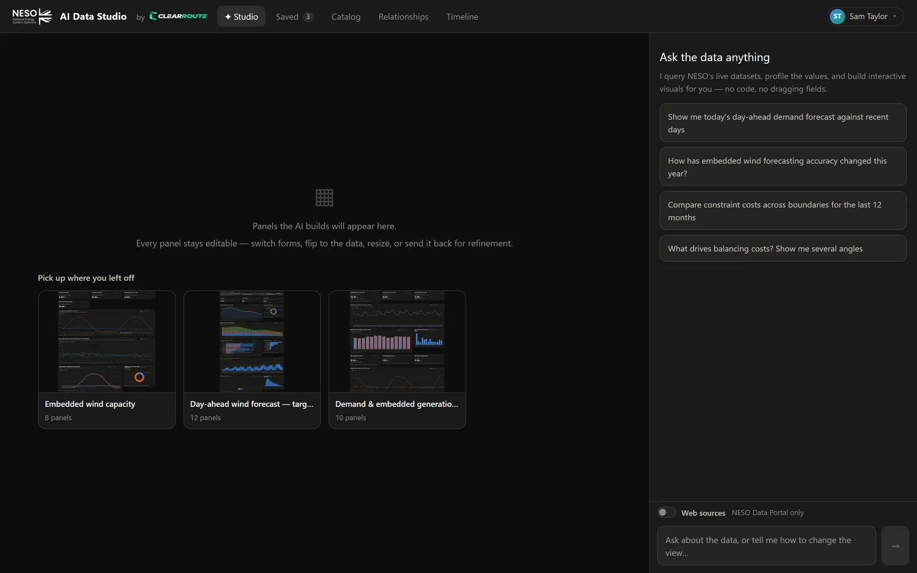 Empty PowerBoard Studio with 'Ask the data anything' suggestions and recent saved canvases